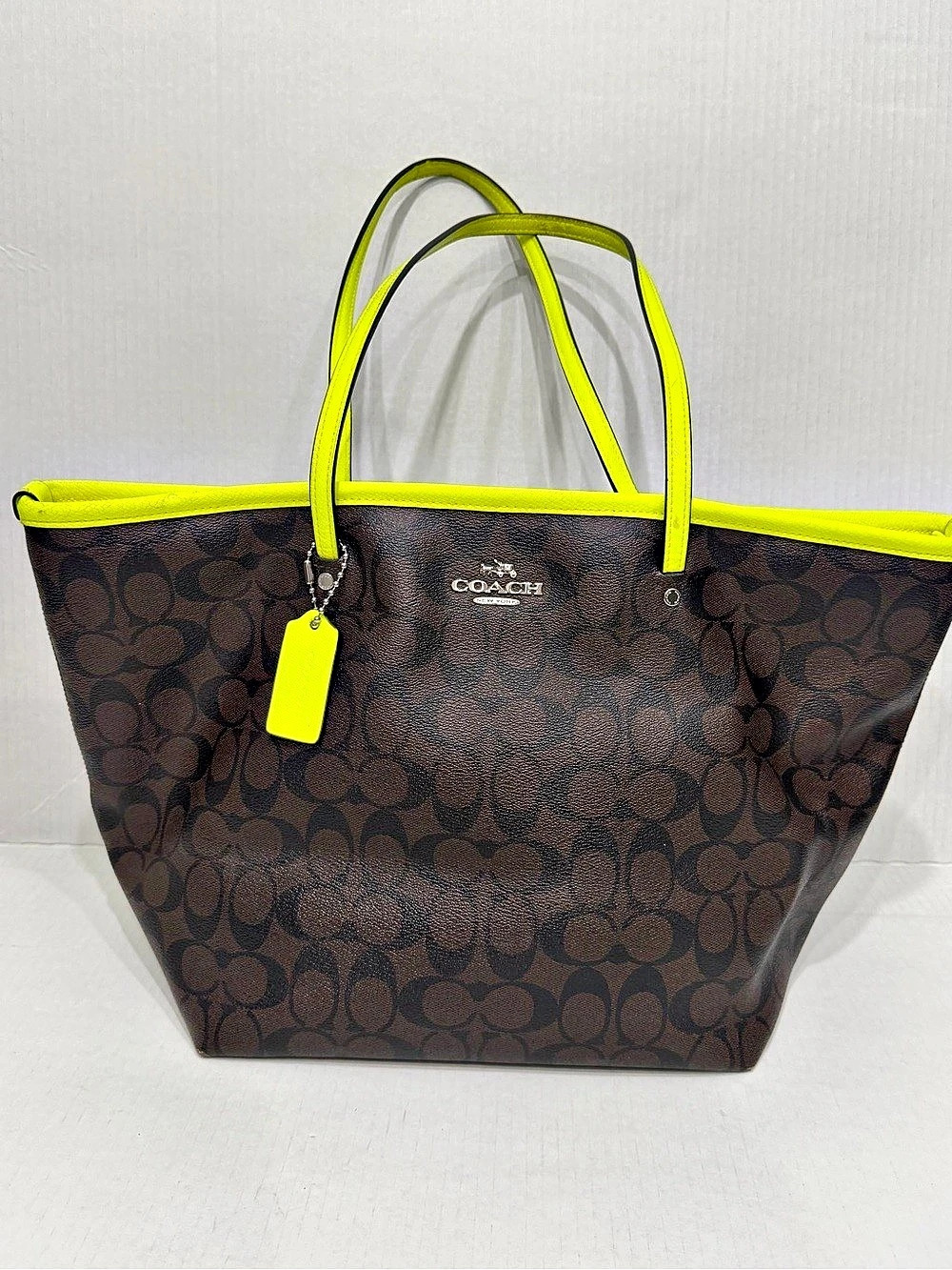 Coach Signature Large Tote Brown Neon Yellow